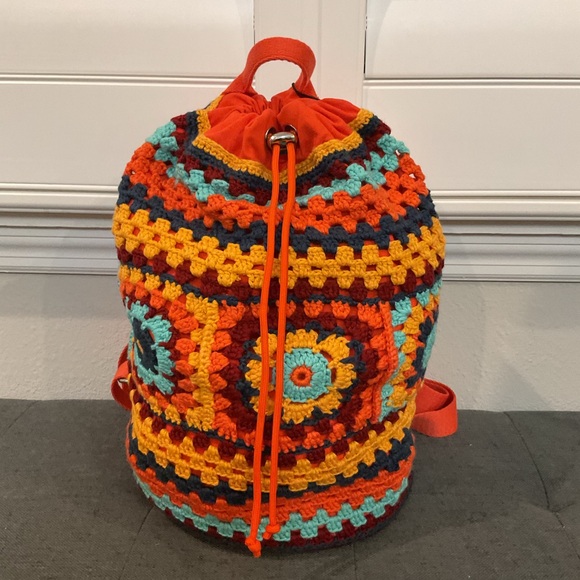 NWT Cider Retro Crochet Granny Square Drawstring Backpack Boho - Picture 10 of 16